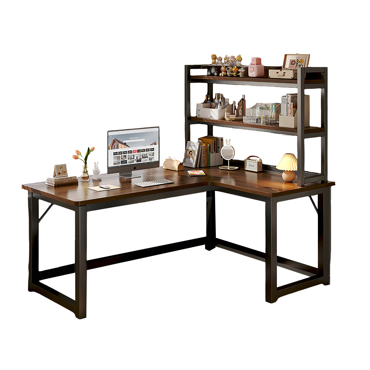 L-Shaped Integrated Corner Home Computer Desk with Storage Rack