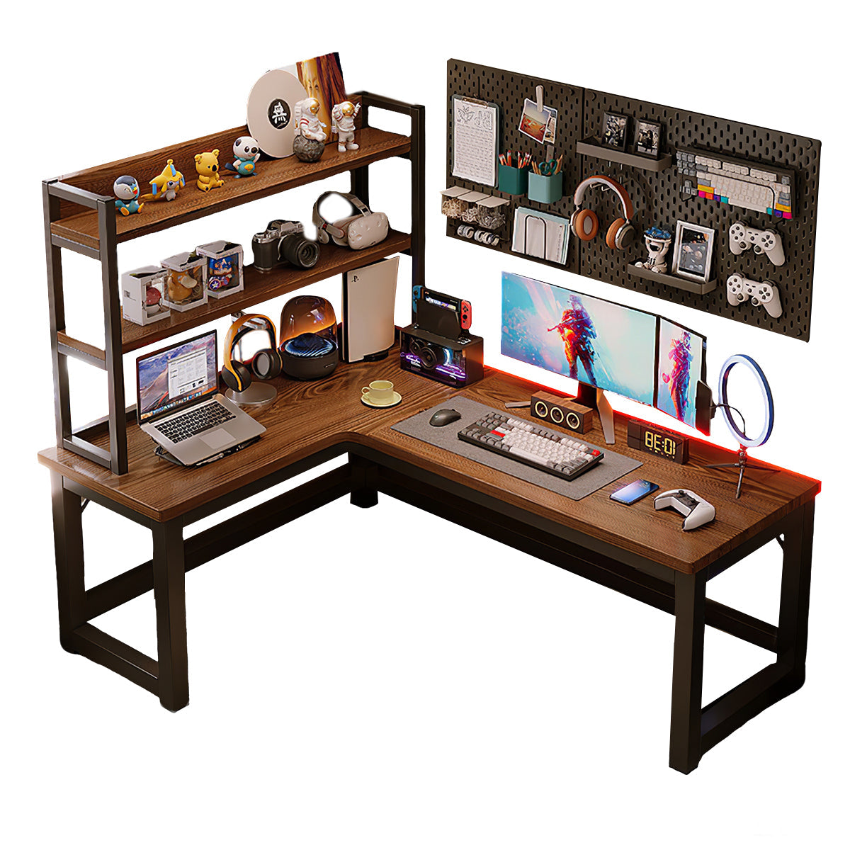 L-Shaped Integrated Corner Home Computer Desk with Storage Rack