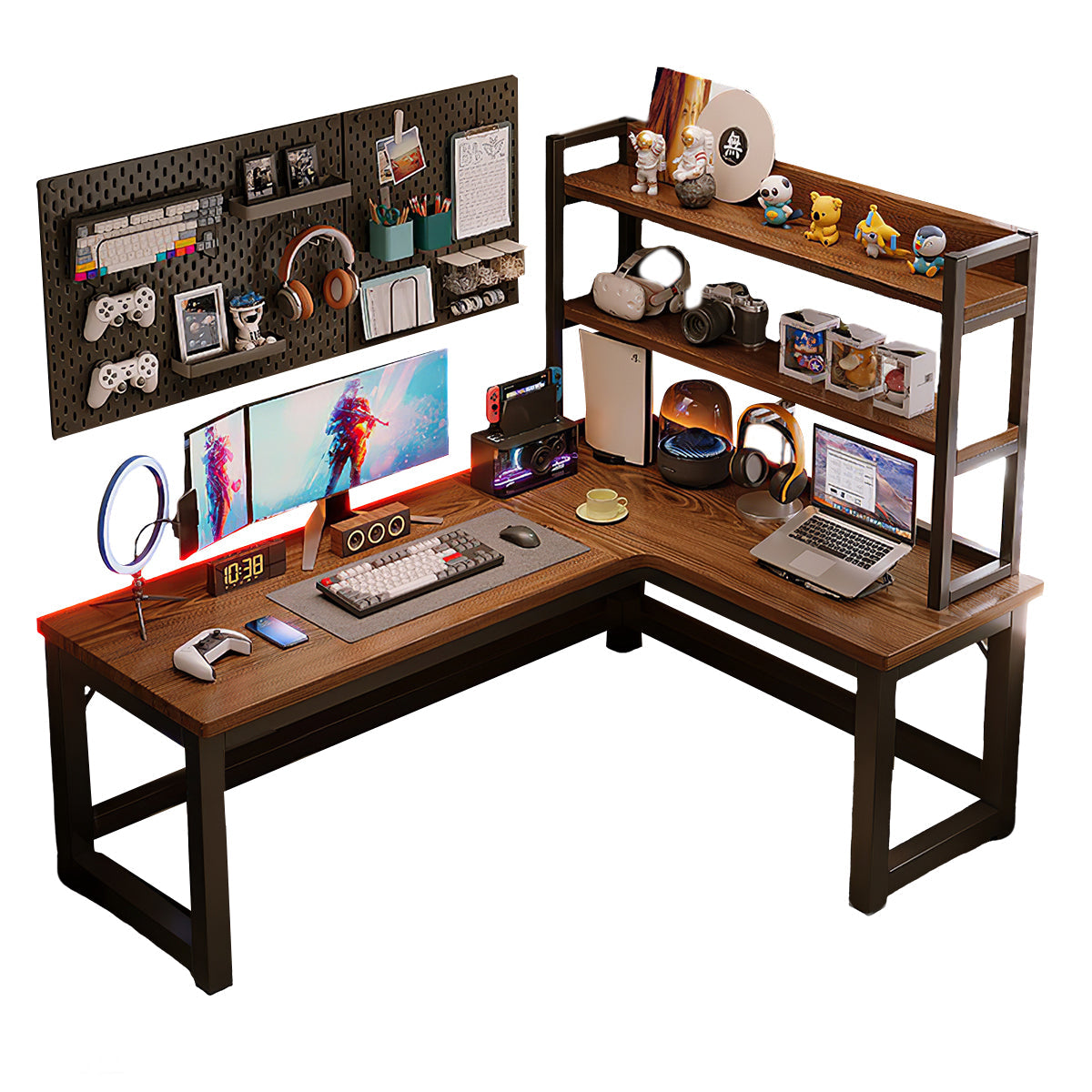 L-Shaped Integrated Corner Home Computer Desk with Storage Rack