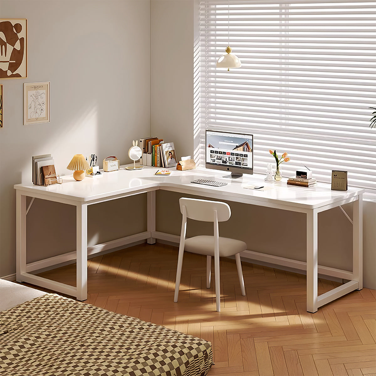 L-Shaped Integrated Corner Home Computer Desk with Storage Rack