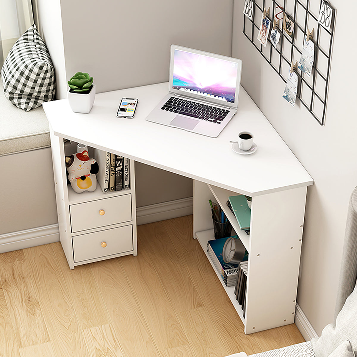 Minimalist Small Corner Writing Desk with Built-In Storage Cabinet