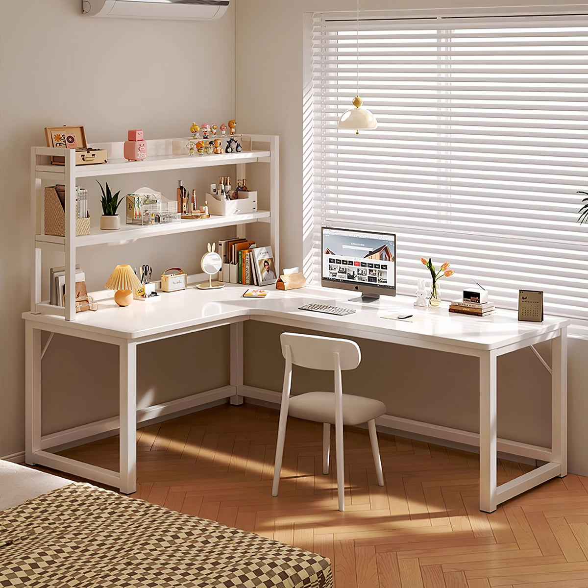 L-Shaped Integrated Corner Home Computer Desk with Storage Rack