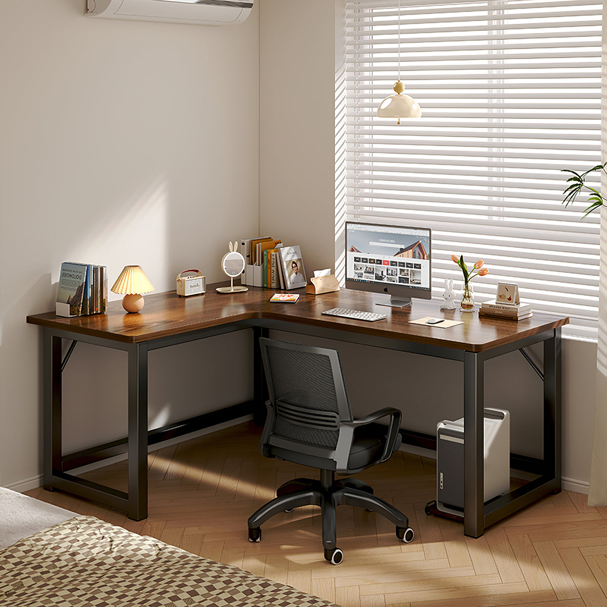 L-Shaped Integrated Corner Home Computer Desk with Storage Rack