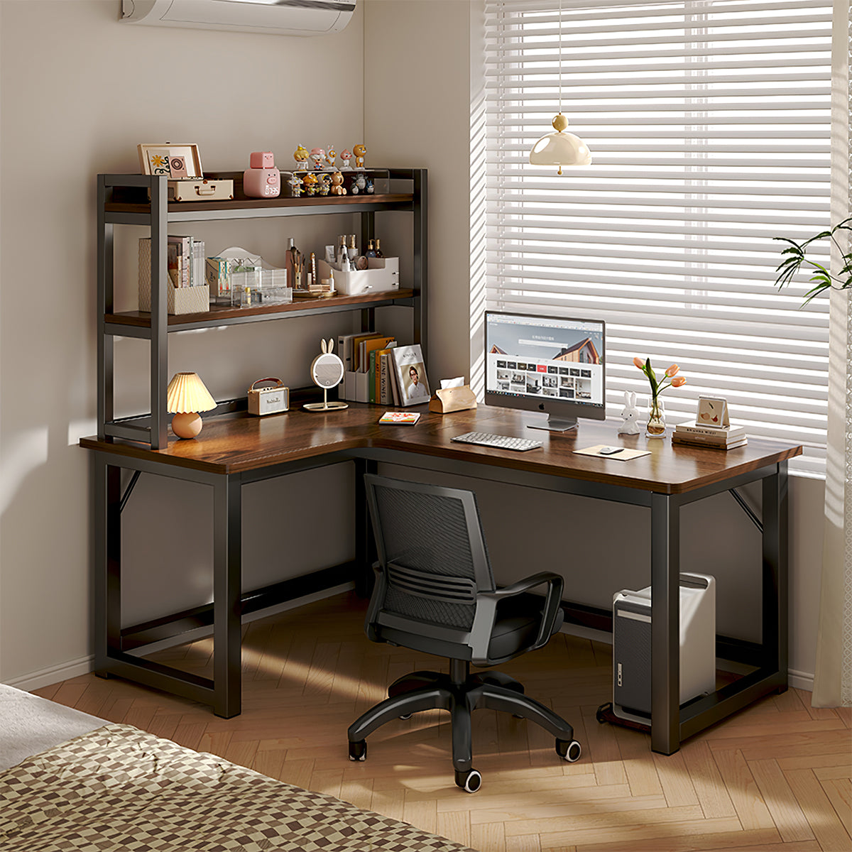L-Shaped Integrated Corner Home Computer Desk with Storage Rack