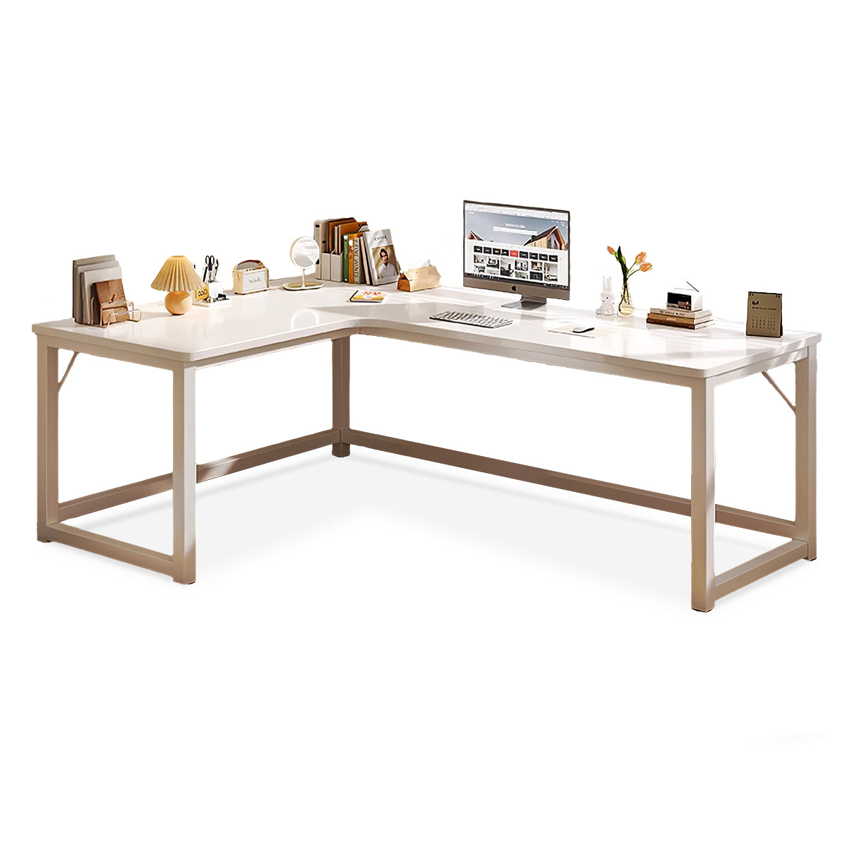 L-Shaped Integrated Corner Home Computer Desk with Storage Rack