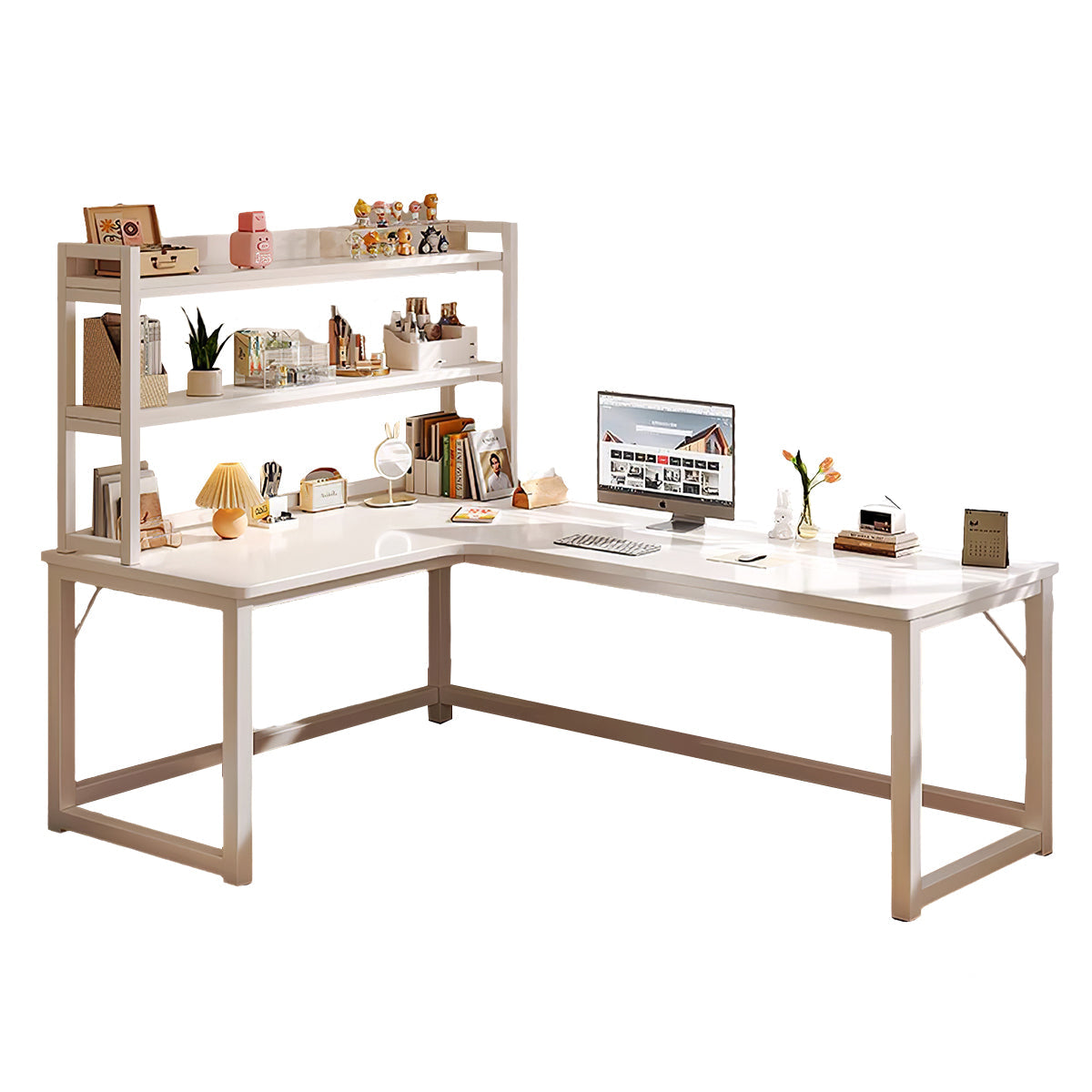 L-Shaped Integrated Corner Home Computer Desk with Storage Rack