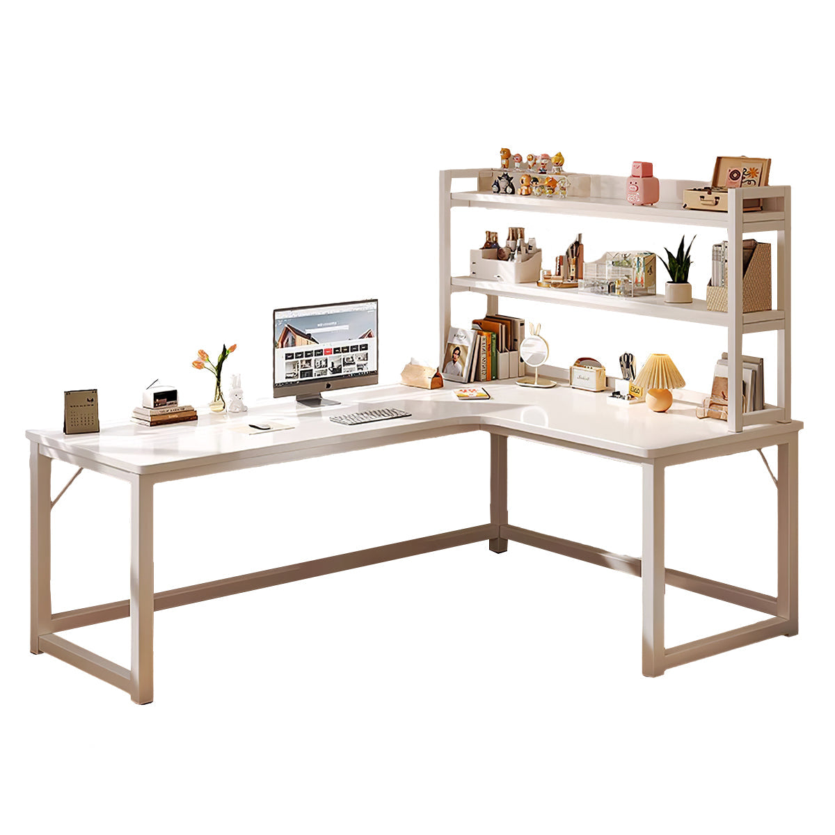 L-Shaped Integrated Corner Home Computer Desk with Storage Rack