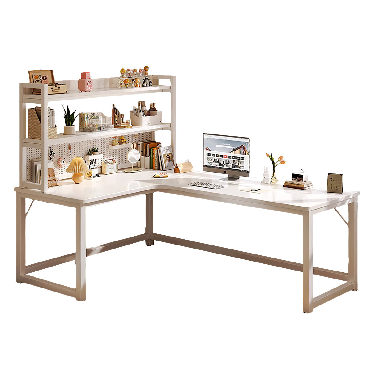L-Shaped Integrated Corner Home Computer Desk with Storage Rack