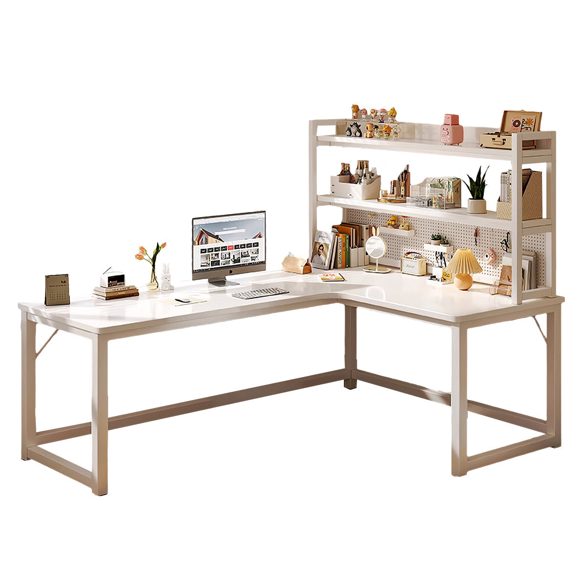 L-Shaped Integrated Corner Home Computer Desk with Storage Rack
