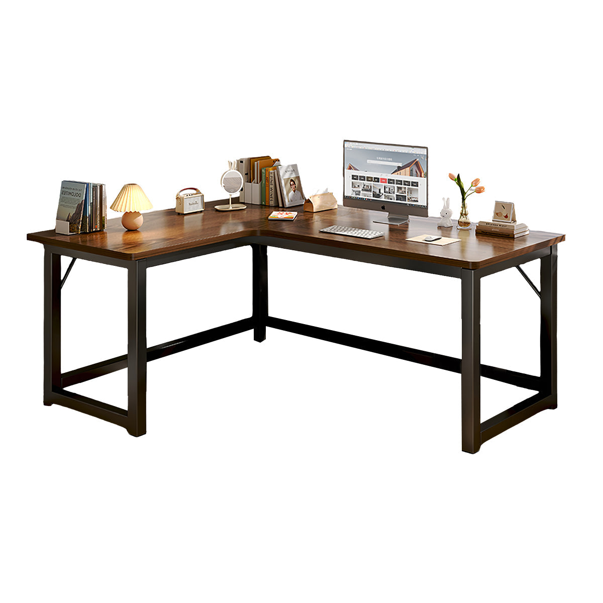 L-Shaped Integrated Corner Home Computer Desk with Storage Rack
