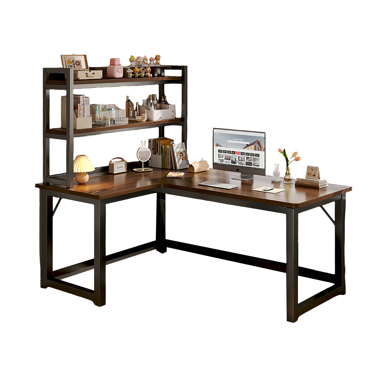 L-Shaped Integrated Corner Home Computer Desk with Storage Rack